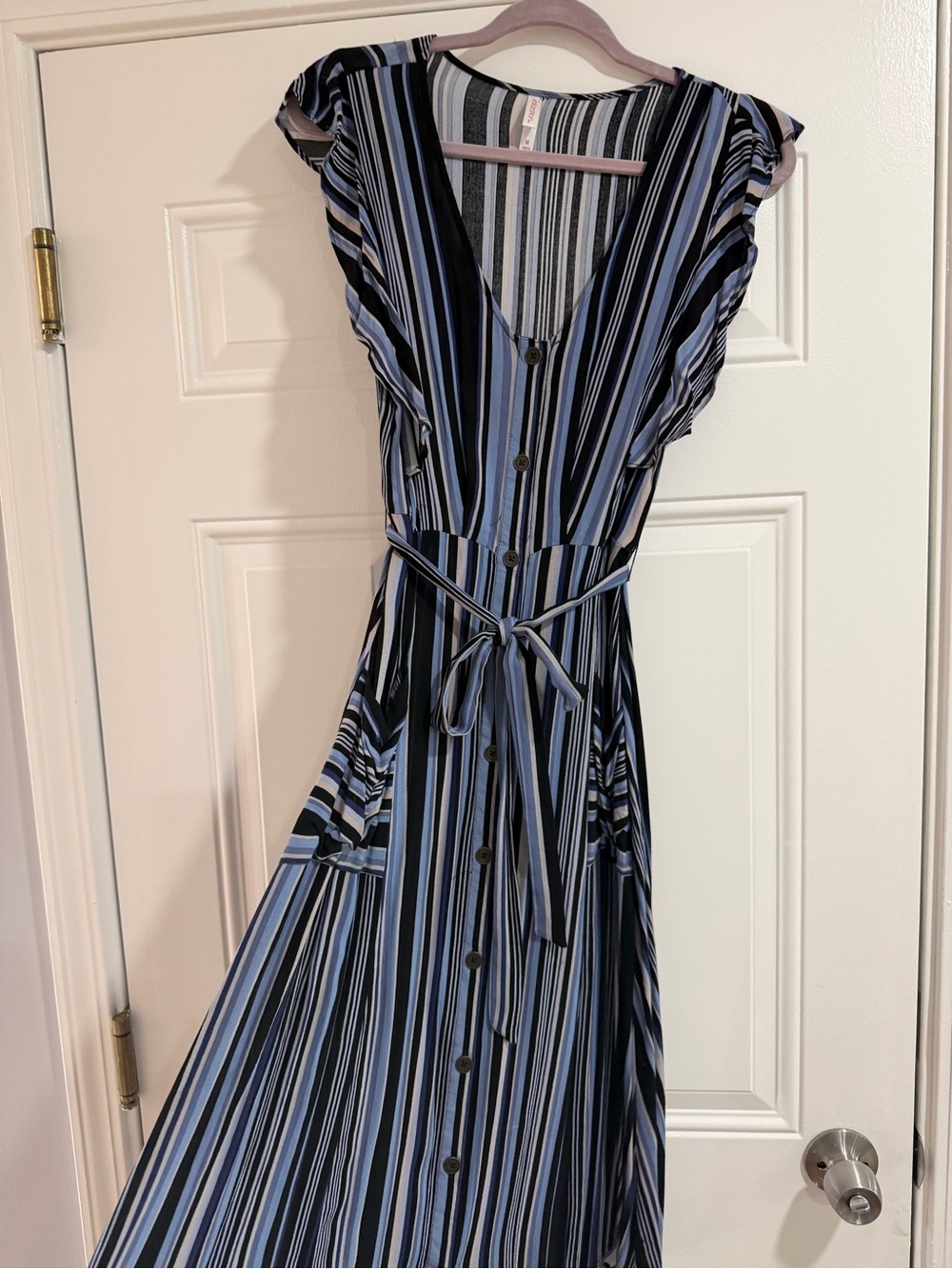 Xhilaration Blue & Black Striped Midi Button-Front Dress